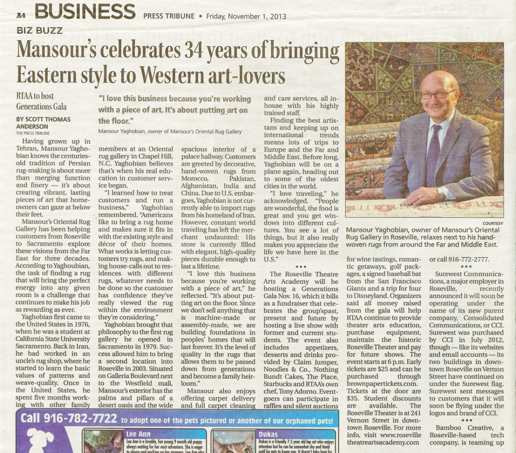 The Press Tribune warmly congratulated Mansour on his 34 years of making it possible for customers to rug shop confidently