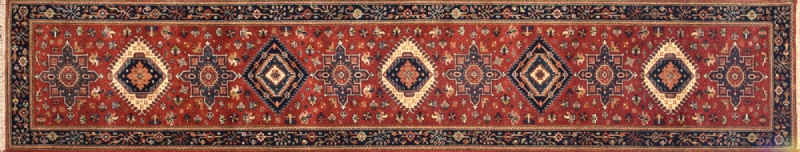 Karajeh runner 2' 6" by 11' 10" rug with geometric pattern from India - rust & navy blue