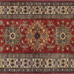 Kazak runner 2' 8" by 8' 1" rug with geometric pattern from Pakistan - Red & Ivory