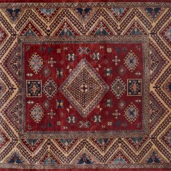 Kazak square 6' 3" by 6' 3" rug with geometric pattern from Afghanistan - red & multi-color
