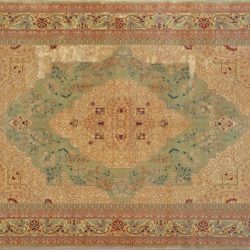 Kerman rectangular 10' 0" by 13' 10" rug with medallion pattern from India - light green & gold