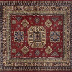Kazak square 6' 0" by 6' 0" rug with geometric pattern from Pakistan - Red & Ivory - SKU 14879