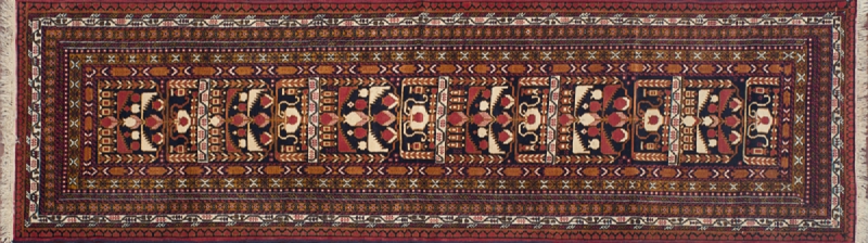 Balouch runner 3' 0" by 9' 9" rug with geometric pattern from Pakistan - Light Blue & Rust