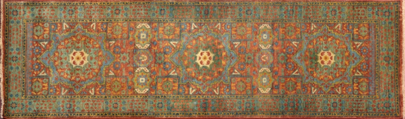 Mamluk runner 2' 7" by 8' 1" rug with geometric pattern from India - Rust & Green